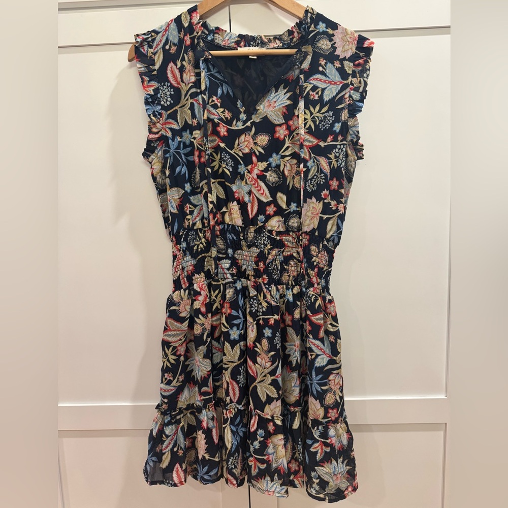 Elan Navy Floral Smocked Waist Mini Dress M